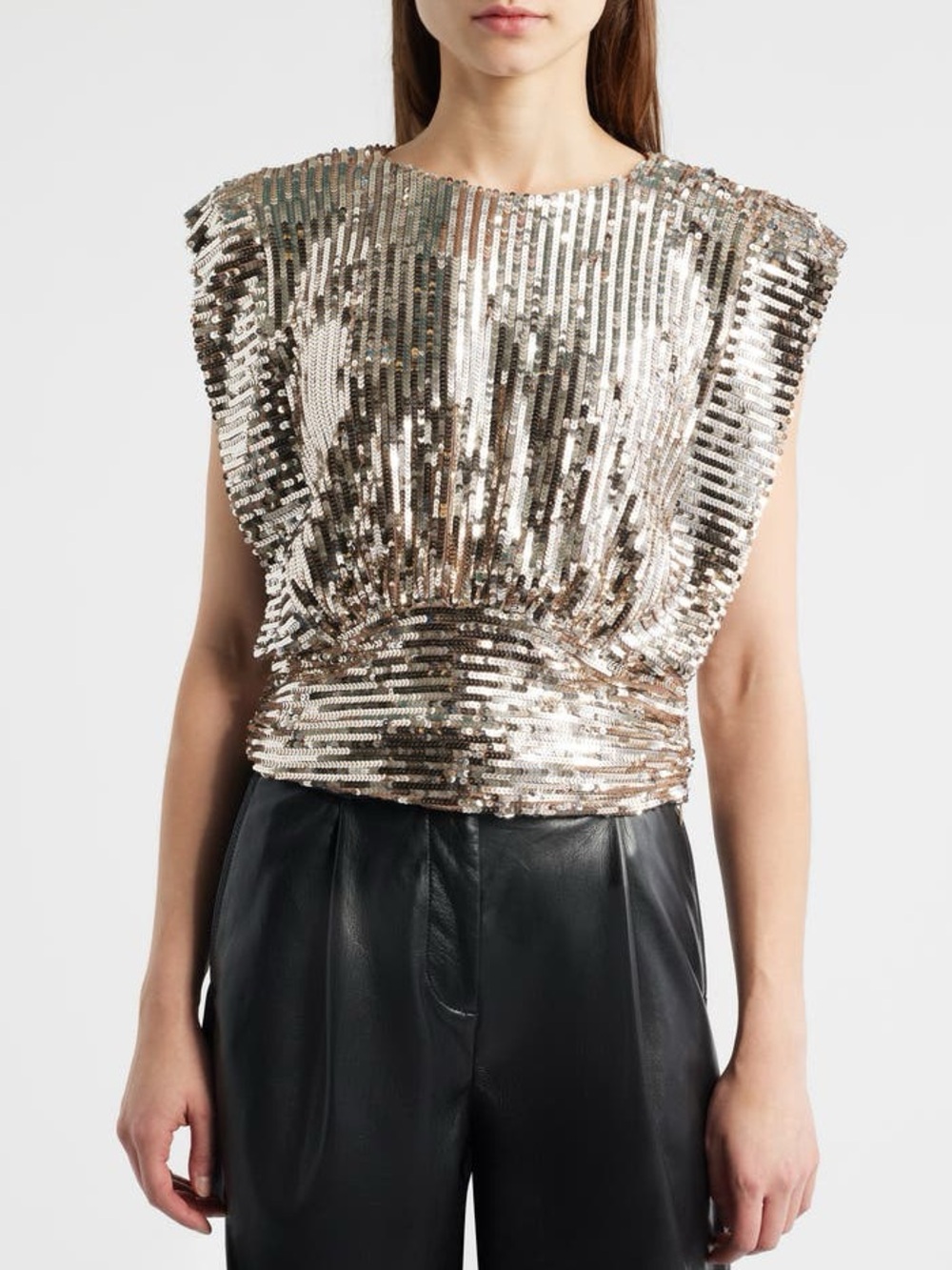 New BOSS Illana Sequin Crop Top Gold Structured Shoulder Pads Sz 2